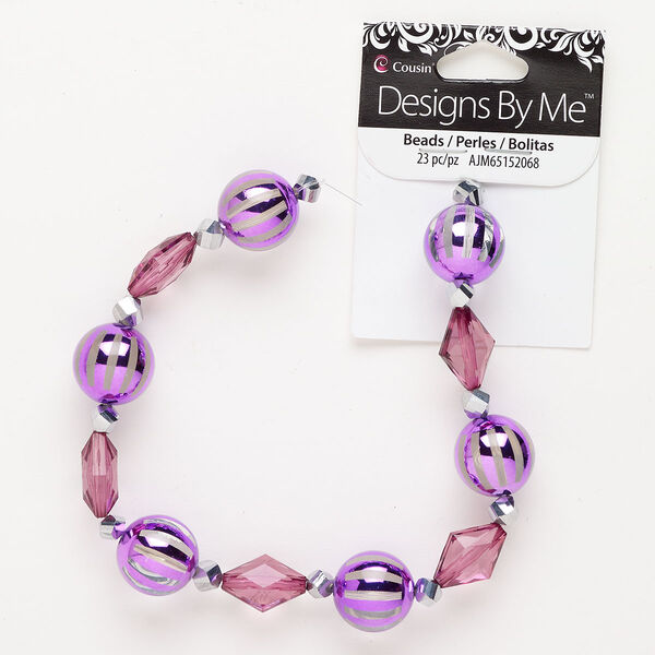 Bead 1pkg23 glass, mixed sizes / shapes, assortment translucent and transparent purple / plum / chrome image number 0