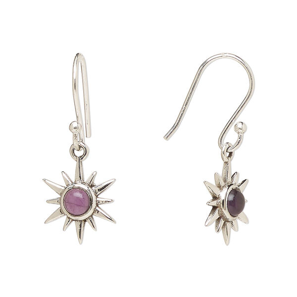 Ear wire, Create Compliments®, antiqued sterling silver and amethyst (natural), fishhook, 27mm with 12mm single-sided star, 21 gauge. Sold per pair. image number 0