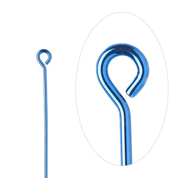 Eye pin, electro-coated brass, blue, 2 inches, 21 gauge. Sold per pkg of 10. image number 0