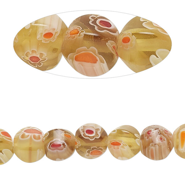 Bead, millefiori glass, translucent dark yellow and multicolored, 8x7-9x8mm hexagon rondelle with varying designs. Sold per 16-inch strand. image number 0