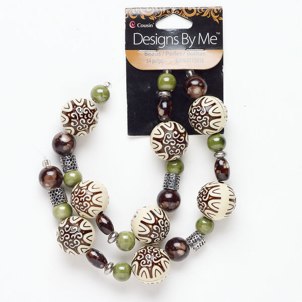 Bead assortment 1pkg34, acrylic / ceramic / antique silver-finished brass, green / tan / brown, 8-19mm rounds and 7x4mm-11x8mm mixed shapes. image number 0