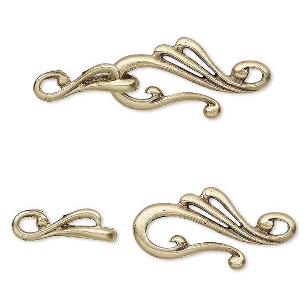 Clasp, hook-and-eye, antiqued brass, 39x13mm swirl. Sold individually. image number 0
