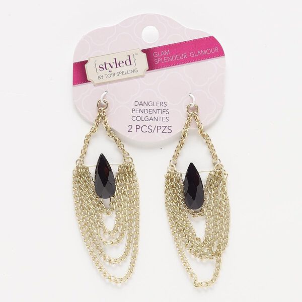 Focal, acrylic and gold-finished steel, black, 3-1/2 x 1 inches with teardrop. Sold per pkg of 2. image number 0