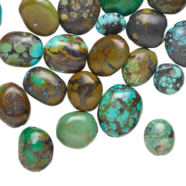 Bead mix, turquoise (dyed / stabilized), blue / blue-green / green-brown, medium oval nugget, Mohs hardness 5 to 6. Sold per 1/4 pound pkg, approximately 35 beads. image number 0