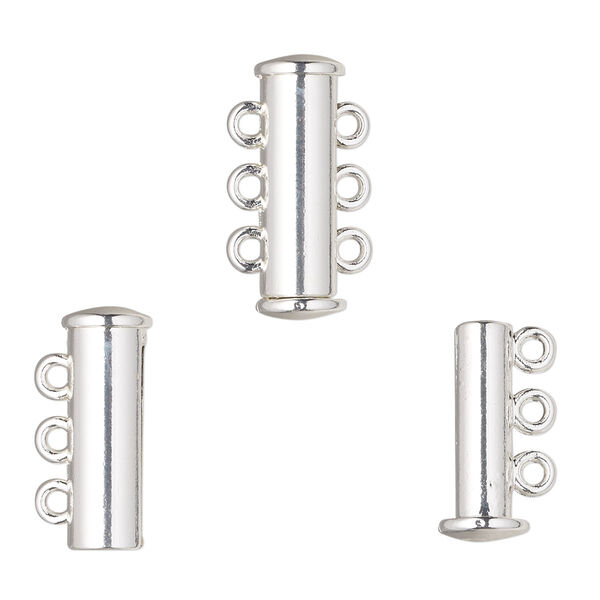 Clasp, 3-strand magnetic slide lock, silver-finished "pewter" (zinc-based alloy), 19x6.5mm tube. Sold per pkg of 2. image number 0