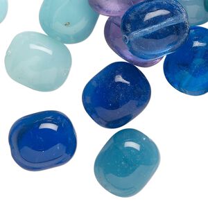 Bead mix, lampworked glass, opaque and translucent multi-blue, 15x12mm puffed pillow. Sold per 4-ounce pkg, approximately 45 beads.