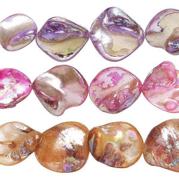 Bead mix, mother-of-pearl shell (bleached / dyed), multicolored AB, 12x9mm-27x24mm freeform with 0.4-0.6mm hole, Mohs hardness 3-1/2. Sold per pkg of (3) 15-inch strands. image number 0