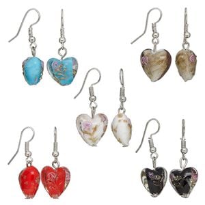 Earring mix, silver color brass and lampworked glass, multicolored, 15x15mm hearts. Sold per pkg of 5 pairs.