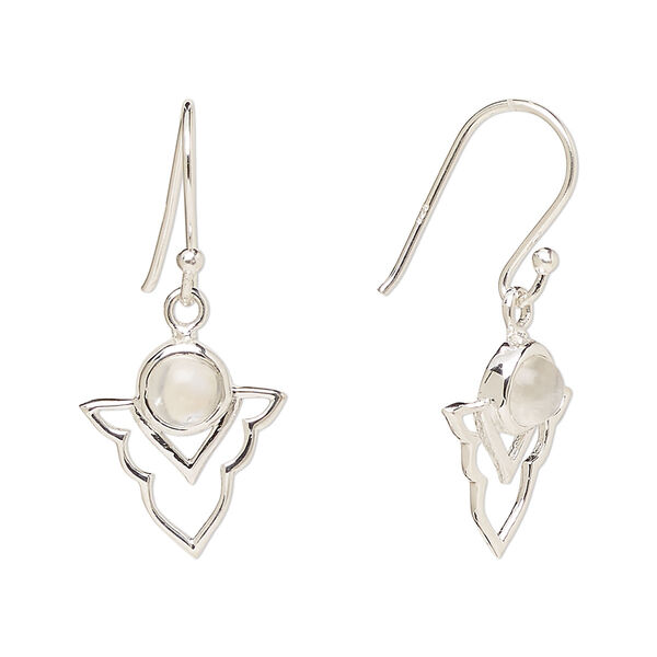 Ear wire, Create Compliments®, antiqued sterling silver and rainbow moonstone (natural), fishhook, 29mm with 15.5x14mm single-sided open arrowhead, 21 gauge. Sold per pair. image number 0