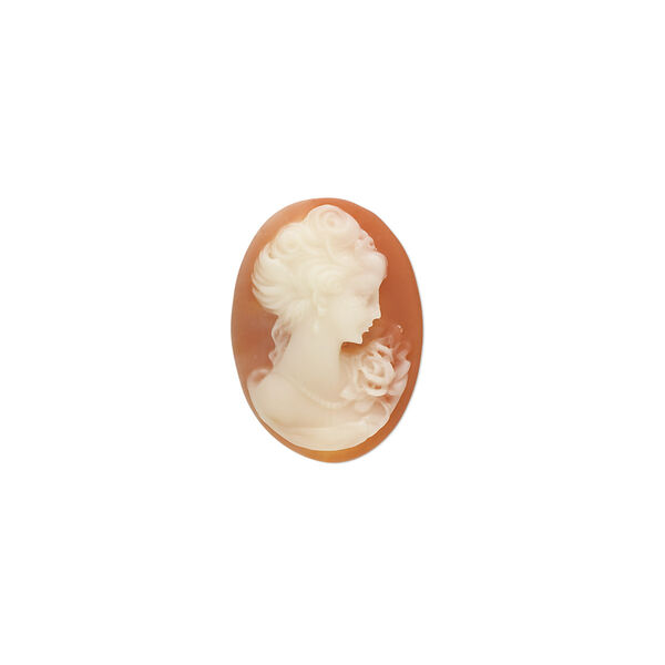 Cabochon, acrylic, peach and white, 18x13mm right- and left-facing non-calibrated oval cameo with woman. Sold per pkg of 2. image number 0