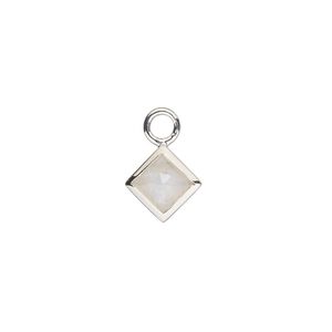 Drop, sterling silver and rainbow moonstone (natural), 10mm hand-cut faceted diamond, B- grade, Mohs hardness 6 to 6-1/2. Sold individually.
