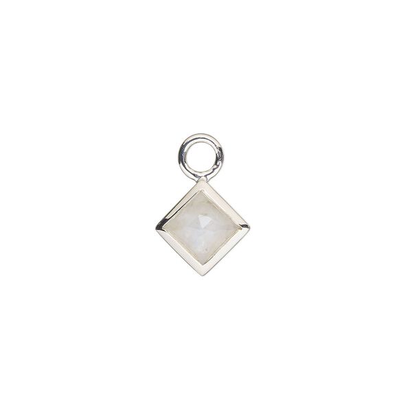 Drop, sterling silver and rainbow moonstone (natural), 10mm hand-cut faceted diamond, B- grade, Mohs hardness 6 to 6-1/2. Sold individually. image number 0