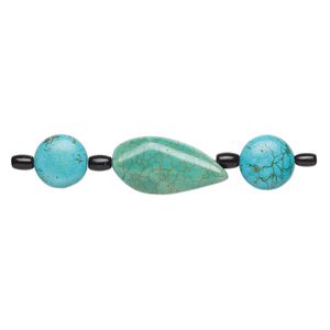 Bead mix, "turquoise" (imitation) resin and glass, light teal green / blue-green / black, 5x4mm-6x4mm barrel / 14-15mm puffed flat round / 28x15mm-30x16mm freeform. Sold per pkg of 7.
