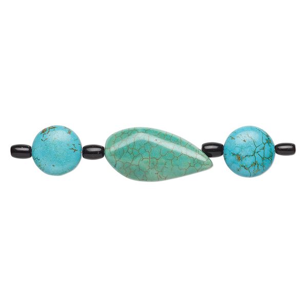 Bead mix, "turquoise" (imitation) resin and glass, light teal green / blue-green / black, 5x4mm-6x4mm barrel / 14-15mm puffed flat round / 28x15mm-30x16mm freeform. Sold per pkg of 7. image number 0