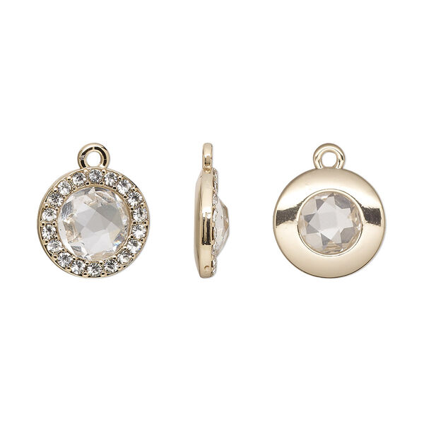 Drop, glass / glass rhinestone / gold-finished "pewter" (zinc-based alloy), transparent clear, 15.5mm single-sided round. Sold per pkg of 2. image number 0