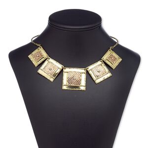 Necklace, copper with brass-plated brass and steel, 23x23mm-34x34mm graduated hammered square, 18 inches with 3-inch extender chain and lobster claw clasp. Sold individually.