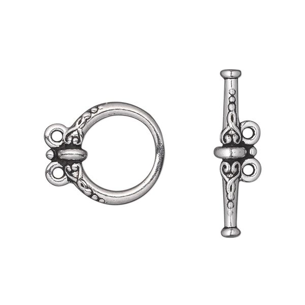 Clasp, TierraCast®, 2-strand toggle, antique silver-plated pewter (tin-based alloy), 15.5mm fancy round. Sold individually. image number 0