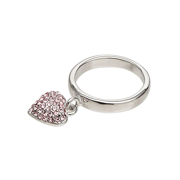 Ring, imitation rhodium-finished "pewter" (zinc-based alloy) / freshwater pearl shell (bleached) / glass rhinestone, white and pink, 10x10mm heart dangle, size 6. Sold individually. image number 0
