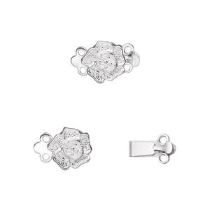 Clasp tab 1pkg10 silver-plated, 9mm rose, brass 2-strand
