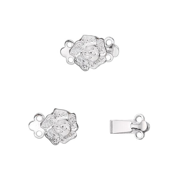 Clasp, 2-strand tab, silver-plated brass, 9x9mm single-sided rose. Sold per pkg of 10. image number 0