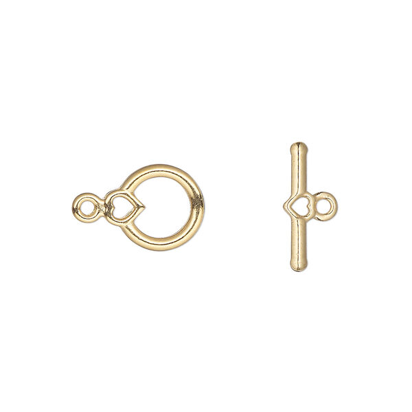 Clasp, toggle, gold-plated "pewter" (zinc-based alloy), 10x9mm round with heart. Sold per pkg of 100. image number 0