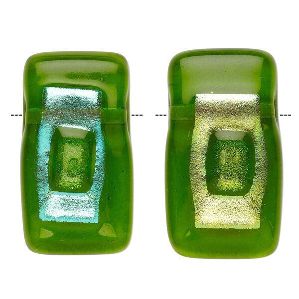 Bead, Paula Radke, dichroic glass, transparent green and aqua blue, 40x21mm-42x23mm top-drilled stacked rectangle. Sold individually. image number 0