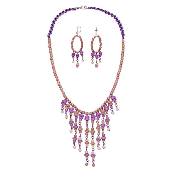 Necklace and earring set, One of a Kind Jewelry, Taiwanese cheesewood / nylon / gold-finished brass, multi-purples, 20-inch necklace. Only one available. image number 0