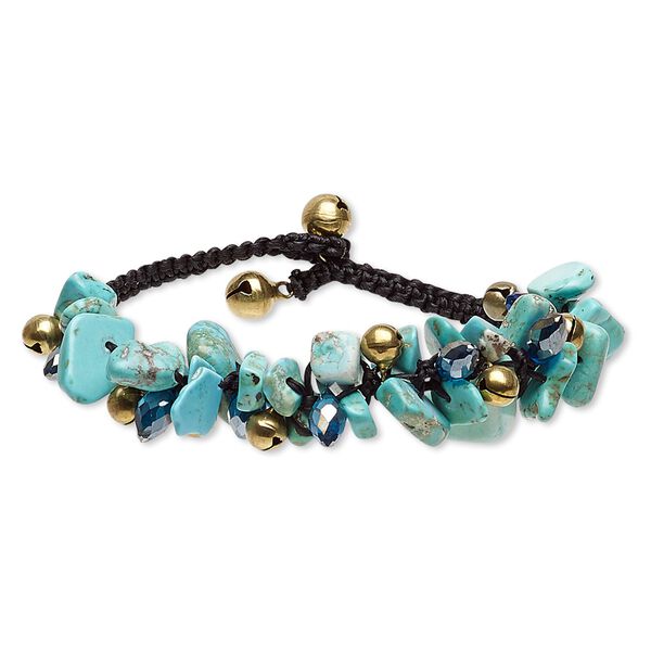 Magnesite / nylon / glass 1pkg1, gold-finished bells bracelet / button clasp / AB 7-7.5 inch / 18mm wide / 8mm image number 0