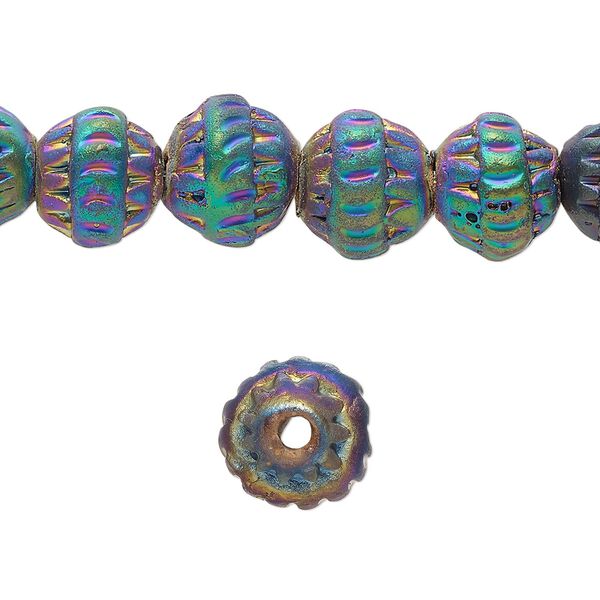 Bead, pressed clay, rainbow, 10x8mm-12x11mm handmade textured round. Sold per 16-inch strand, approximately 40 beads. image number 0