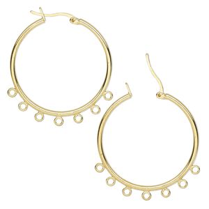 Earring hoop 1pkg10 gold-plated, 32mm round latch-back / 7 closed loop, brass 5 pair