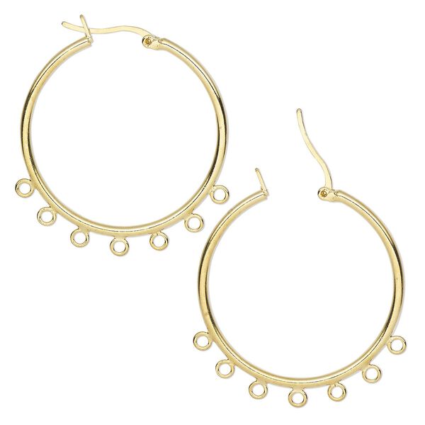 Earring hoop 1pkg10 gold-plated, 32mm round latch-back / 7 closed loop, brass 5 pair image number 0