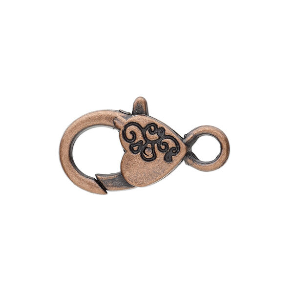 Clasp, lobster claw, antique copper-plated "pewter" (zinc-based alloy), 19.5x12.5mm with double-sided swirl heart design. Sold per pkg of 6. image number 0