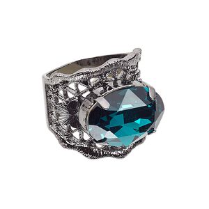 Ring, crystals and gunmetal-plated "pewter" (zinc-based alloy), emerald, 23mm wide with oval and cutout design, size 8. Sold individually.