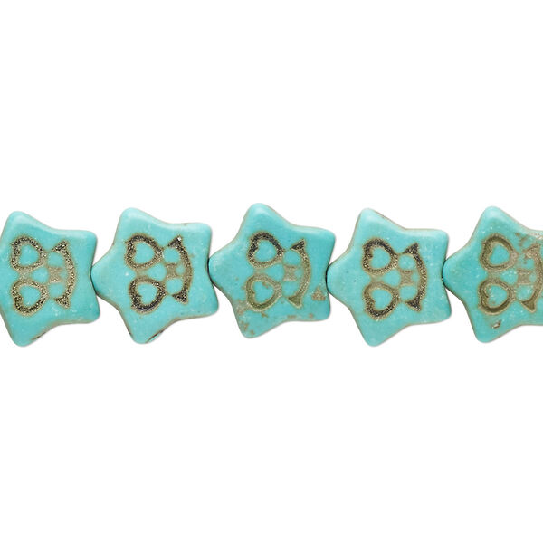 Bead, "howlite" (resin) (imitation), aqua green, 12x11mm carved flat star. Sold per 15-inch strand. image number 0