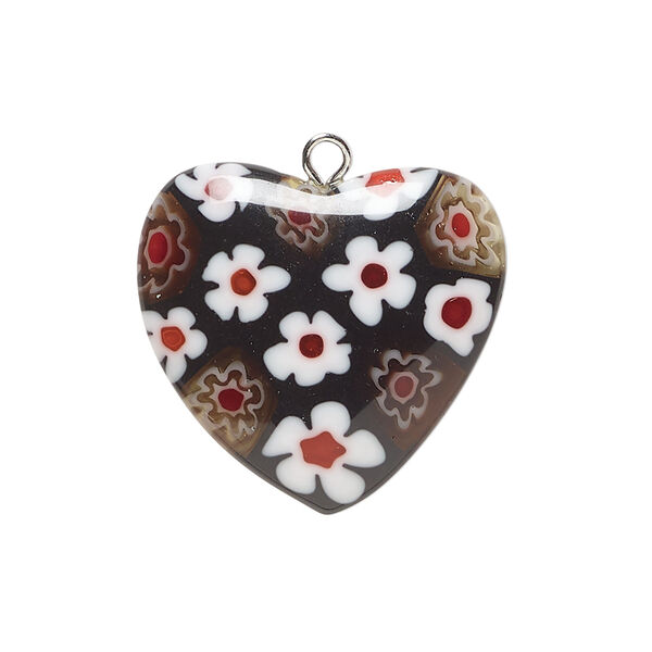 Drop, millefiori glass and silver-finished steel 1pkg1, opaque black / white / red, 24-26mm puffed heart. image number 0