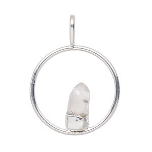 Pendant, Everyday Jewelry, silver-plated brass and quartz crystal (natural), 34x25mm-36x27mm open round. Sold individually.