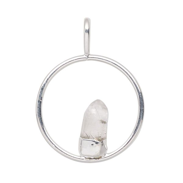 Pendant, Everyday Jewelry, silver-plated brass and quartz crystal (natural), 34x25mm-36x27mm open round. Sold individually. image number 0