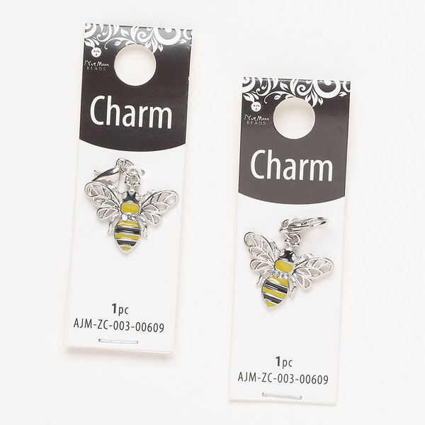 Charm, silver-finished enamel "pewter" (zinc-based alloy) / steel / glass, clear / yellow / black, 22x19mm single-sided bumblebee with lobster claw clasp. Sold per pkg of 2. image number 0