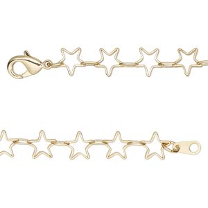 Chain, gold-finished brass, 6.5mm open star, 18 inches with lobster claw clasp. Sold individually.