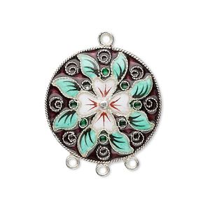 Drop, sterling silver with cloisonné, purple with white flower and green leaves, 25mm round with 3-loops. Sold individually.