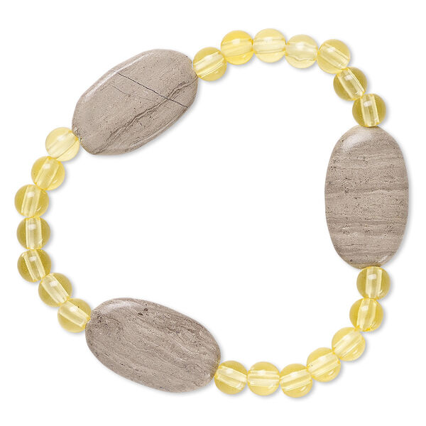 Bracelet, stretch, grey and cream marble (natural) and acrylic, yellow, 5mm round and 24x14mm-25x15mm flat oval, 6-1/2 inches. Sold individually. image number 0