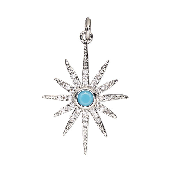 Charm, cubic zirconia and silver-finished brass, turquoise blue and clear, 24x19mm single-sided star with 5mm open jump ring. Sold individually. image number 0