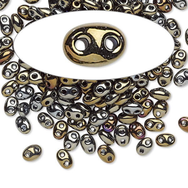 Seed bead, Preciosa Twin™ Czech glass, pkg/50g, 5x2.5mm oval, opaque gold iris black, (59115). image number 0