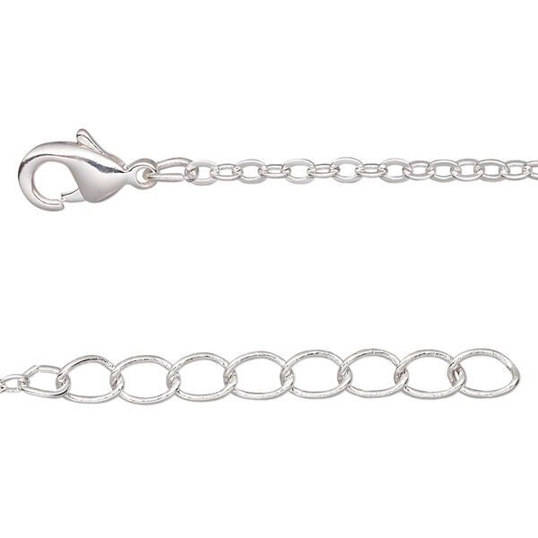 Chain, silver-plated brass, 2mm flat cable, 18 inches with  1-1/4 inch extender chain and lobster claw clasp. Sold per pkg of 4. image number 0