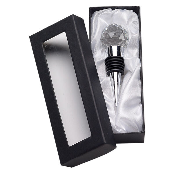 Bottle stopper, glass / rubber / silver-plated "pewter" (zinc-based alloy), clear, 3-1/2 x 1-1/4 inches with faceted round. Sold individually. image number 0