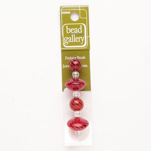 Bead 1pkg4 handblown glass, 12mm round / 20x11mm-20x12mm saucer / line design, assortment translucent red / black / white