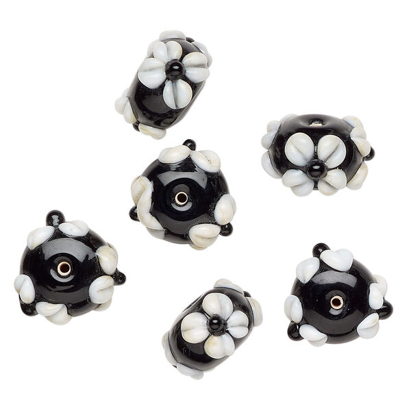 Bead, lampworked glass 1pkg6, opaque black / white, 18x11mm rondelle with flowers. image number 0