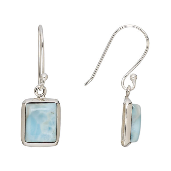 Earring, Create Compliments®, larimar (natural) and sterling silver, 32mm with 13x10mm rectangle and fishhook ear wire, 21 gauge. Sold per pair. image number 0