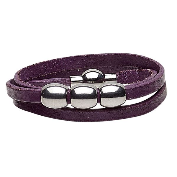 Bracelet, 3-strand wrap, leather (dyed) and stainless steel, purple, 10mm wide with 10mm barrel, 6 inches with magnetic clasp. Sold individually. image number 0