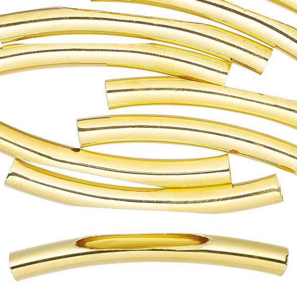Bead, gold-finished brass, 45x5mm curved tube with cutout long oval. Sold per pkg of 10. image number 0
